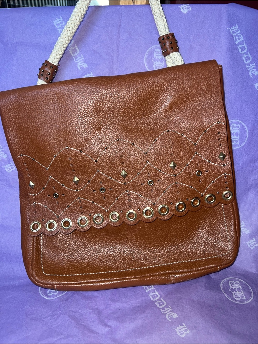 Vintage Adrienne Vittadini Cognac Leather Grommet Studded Detail Flap Crossbody
